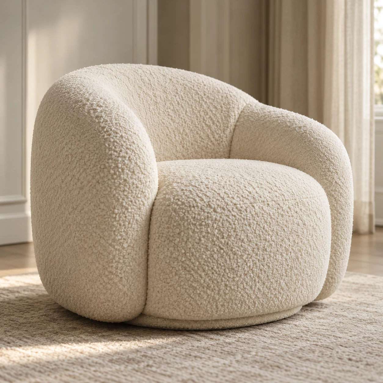Soft sculptural lounge chair in cream boucle