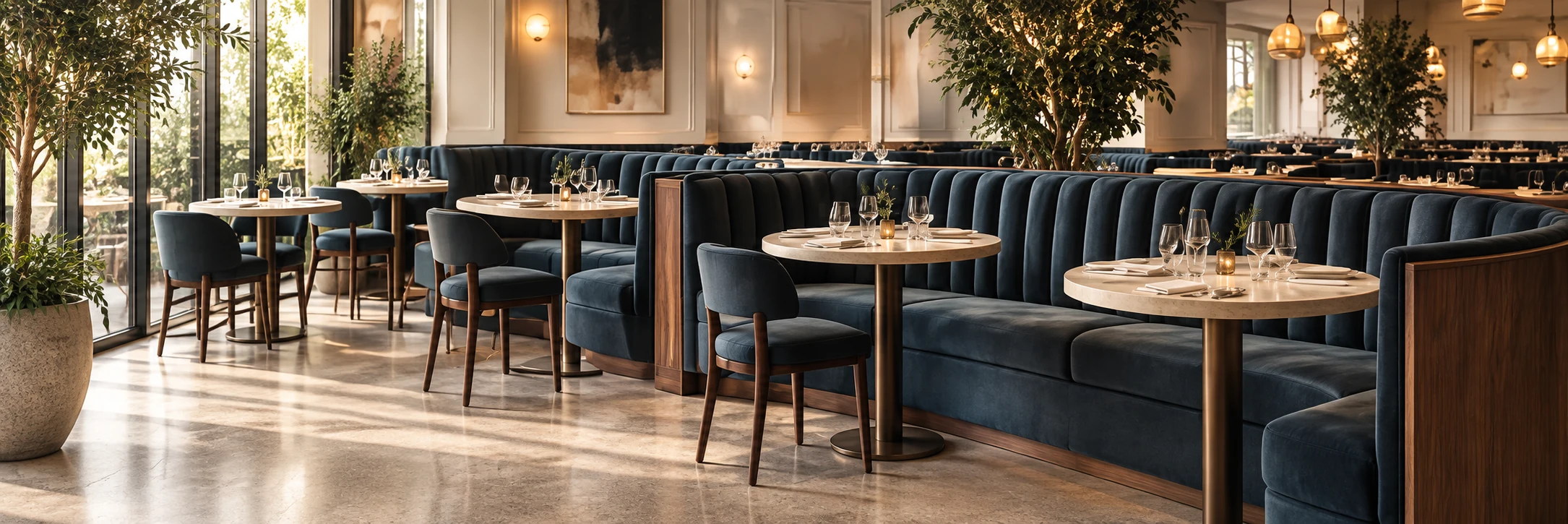 Navy upholstered banquettes in a restaurant dining room