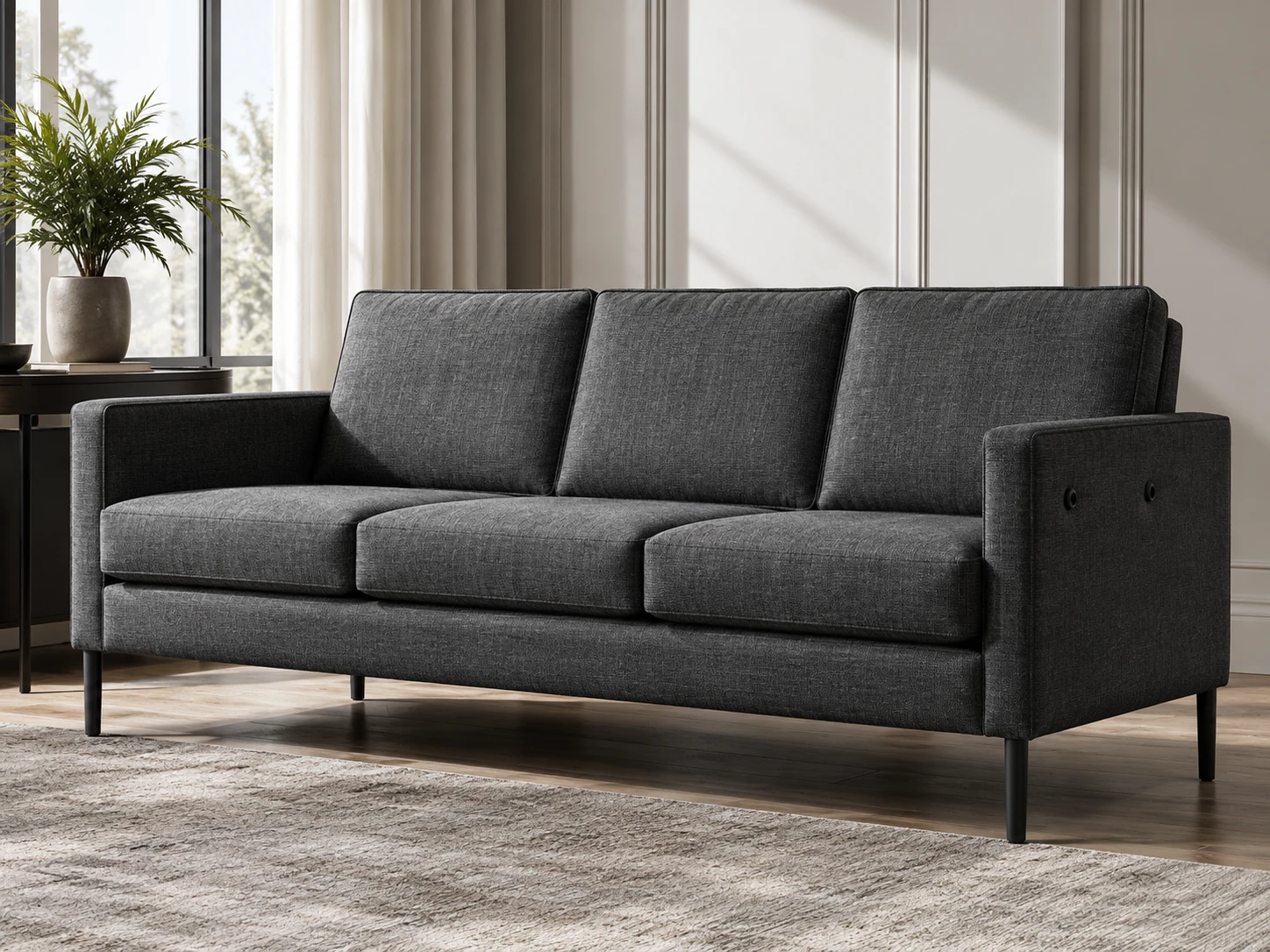 Charcoal upholstered sofa in a bright room