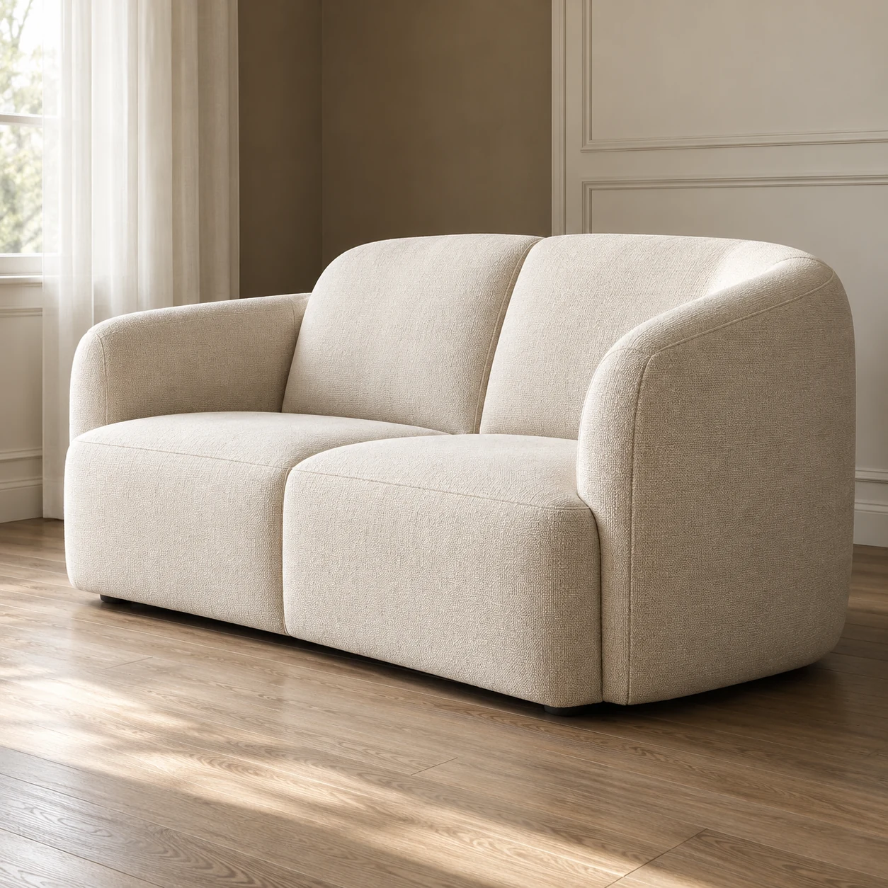 Finished boucle sofa delivered and placed in a living room