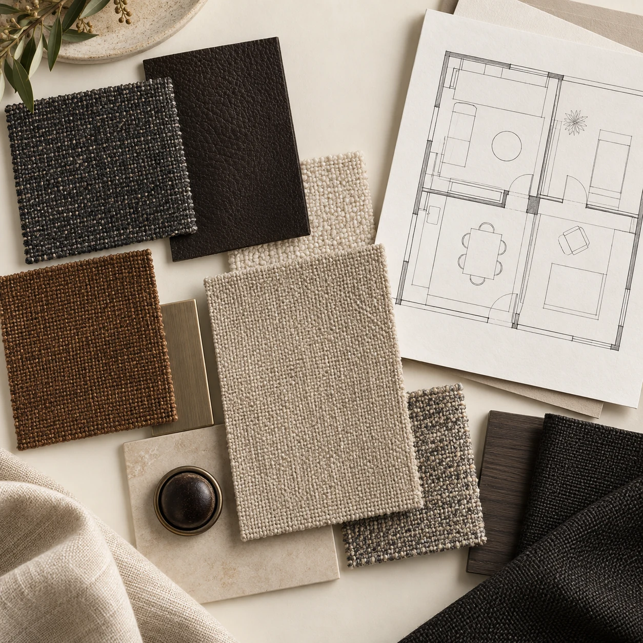 Mood board of upholstery swatches beside a floor plan