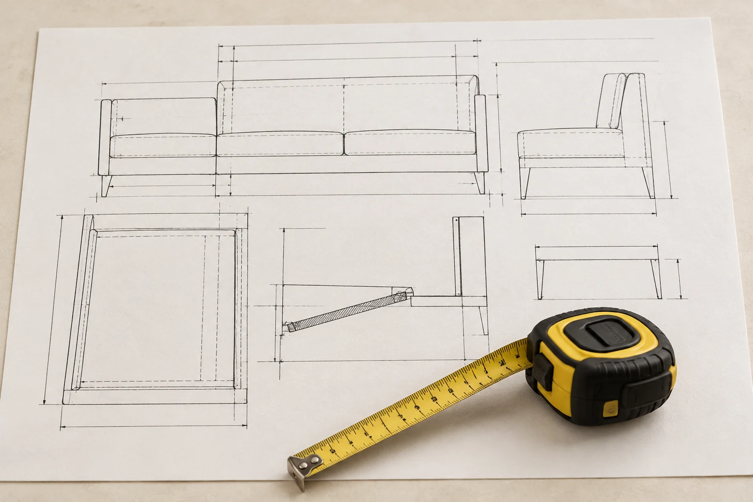 Sofa sketch with a tape measure
