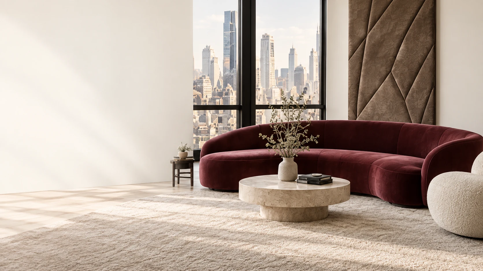 Curved burgundy sofa by a skyline window