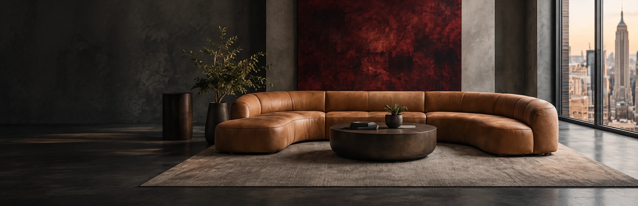 Curved cognac leather sectional