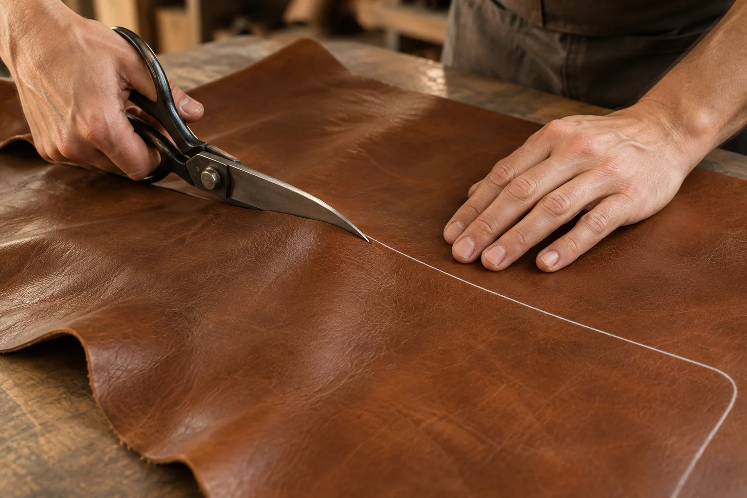 Hands cutting a brown leather hide with upholstery shears along a chalk line