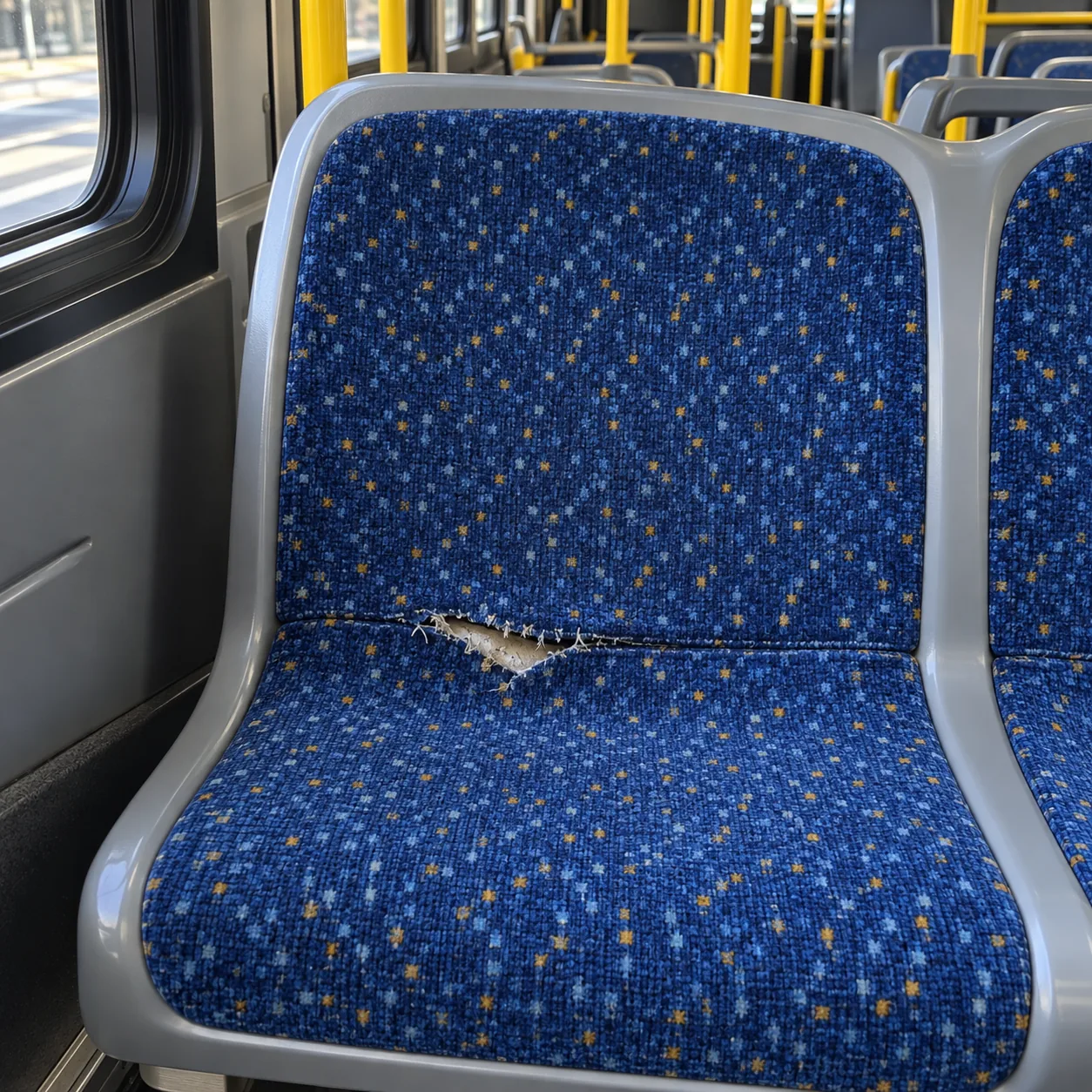 Damage running across a sewn seam on a bus seat
