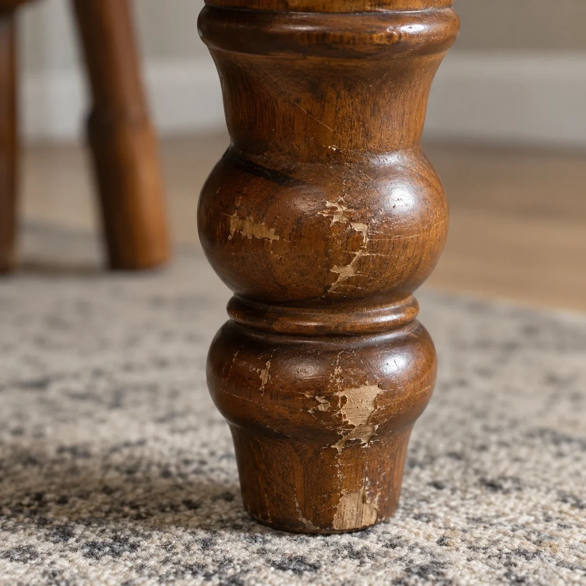 Chipped finish on a turned wood leg