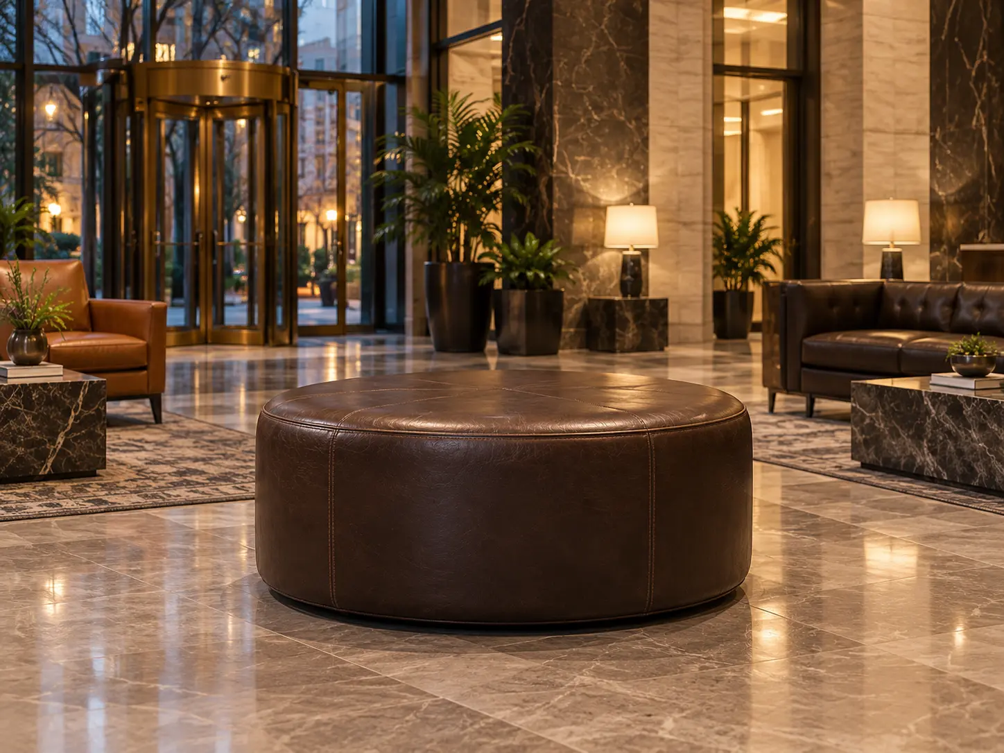 A round dark brown leather ottoman in a lobby