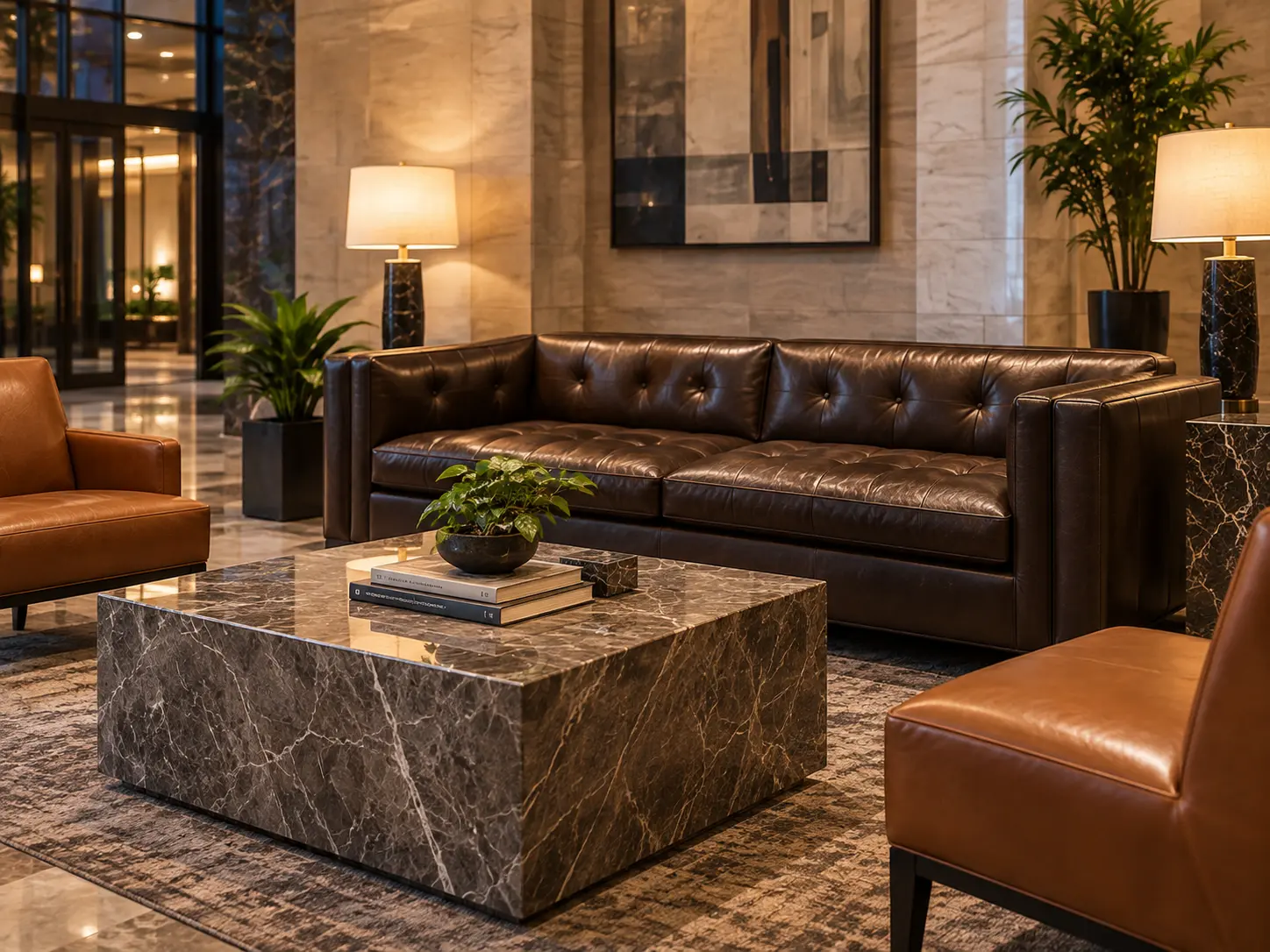 A dark brown leather sofa and cognac chairs around a stone table in a residential lobby