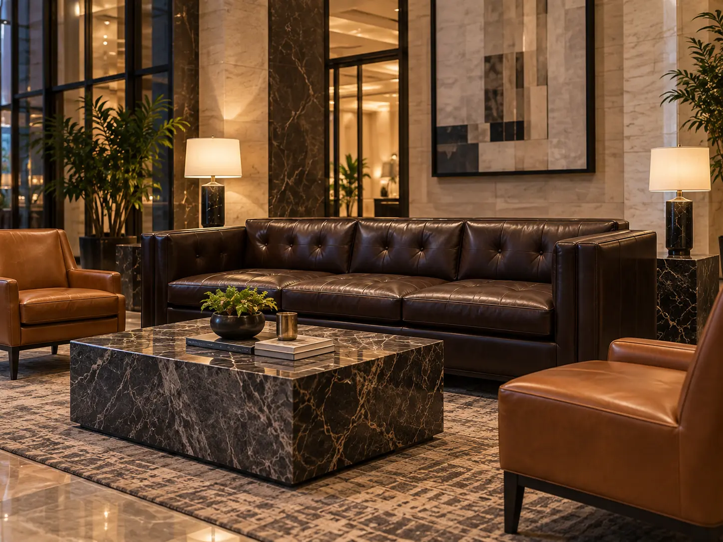 A dark brown tufted leather sofa in a lobby