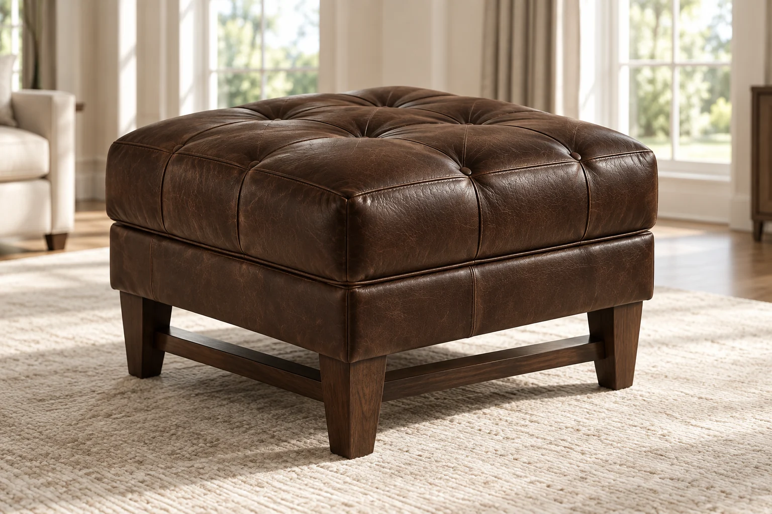 A dark brown tufted leather ottoman on an exposed wood stretcher base