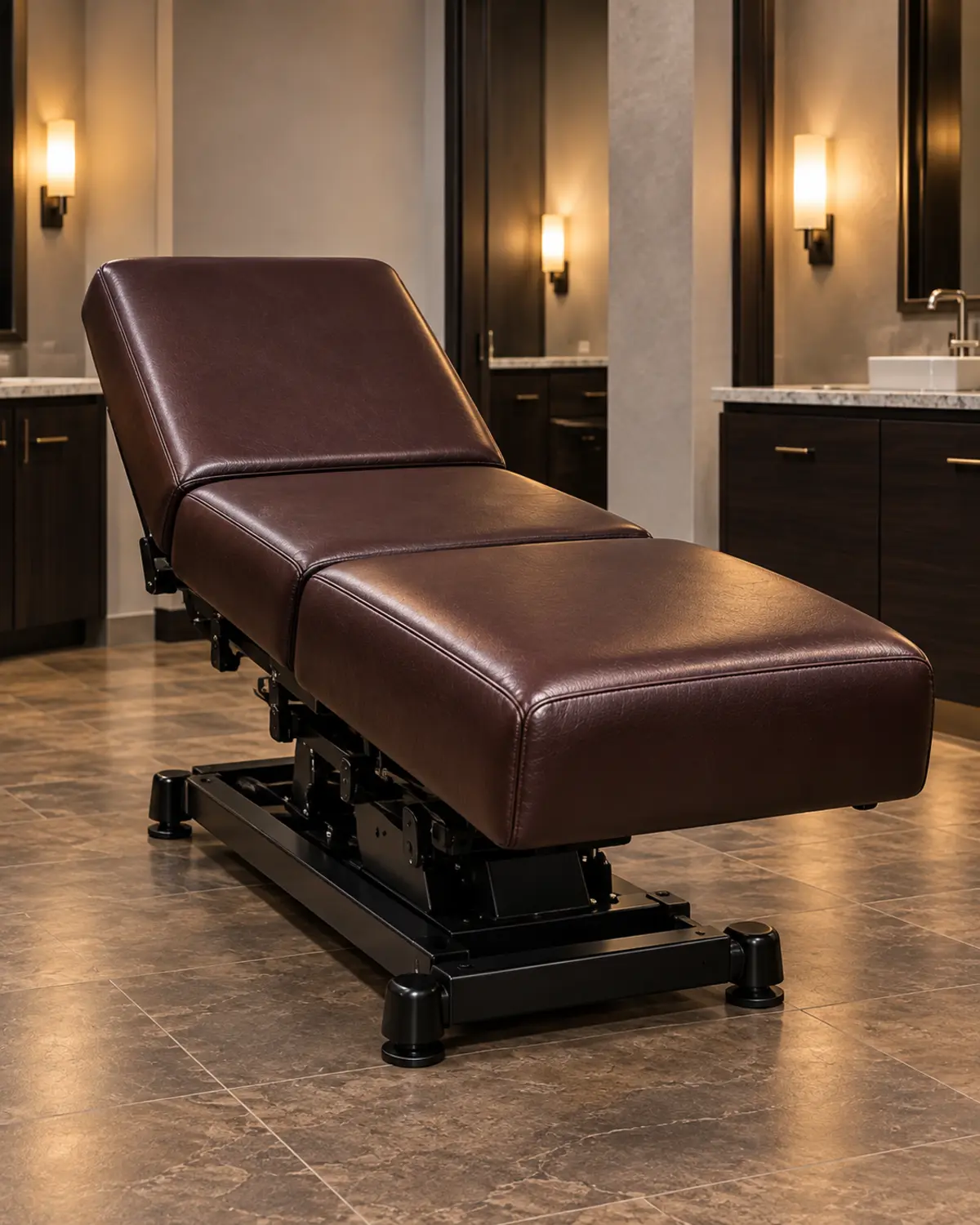 A dark brown spa lounger with its backrest raised