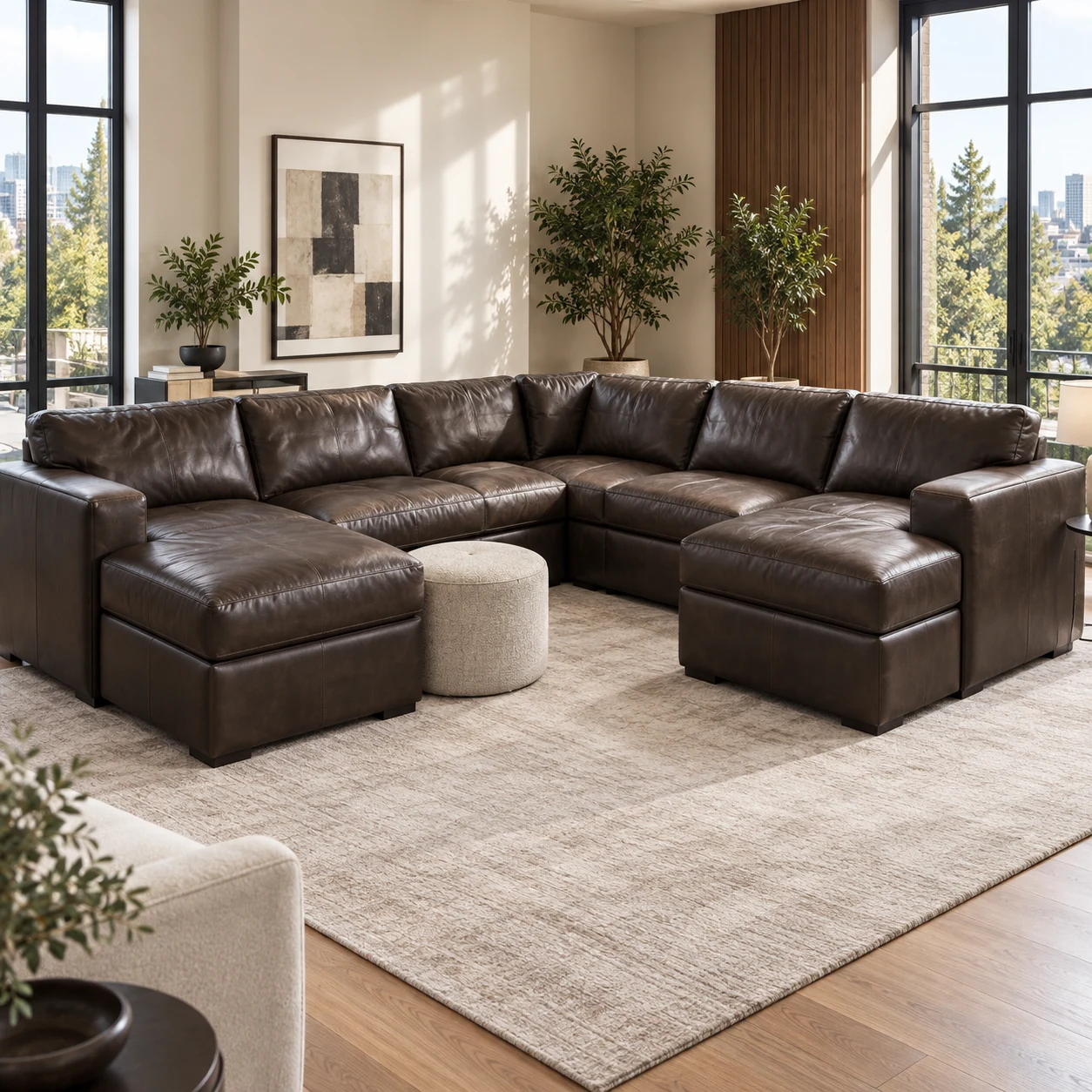 Leather repair Tribeca: a large dark brown leather sectional in a loft