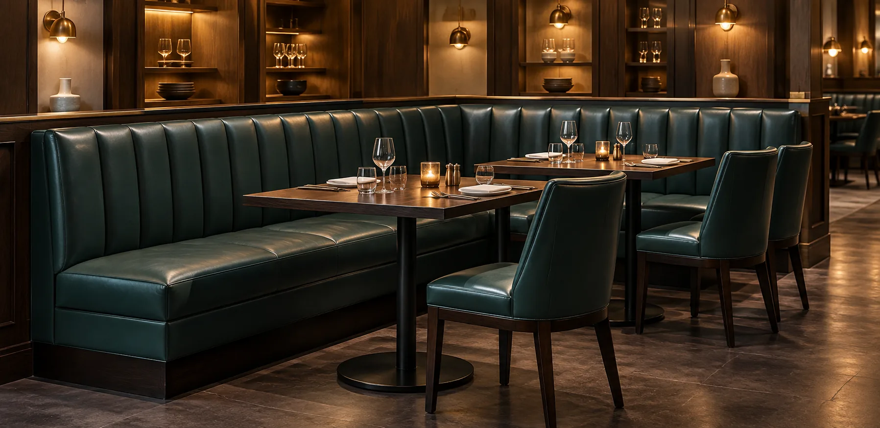 A dark green leather corner banquette in a wine bar under low, warm evening light