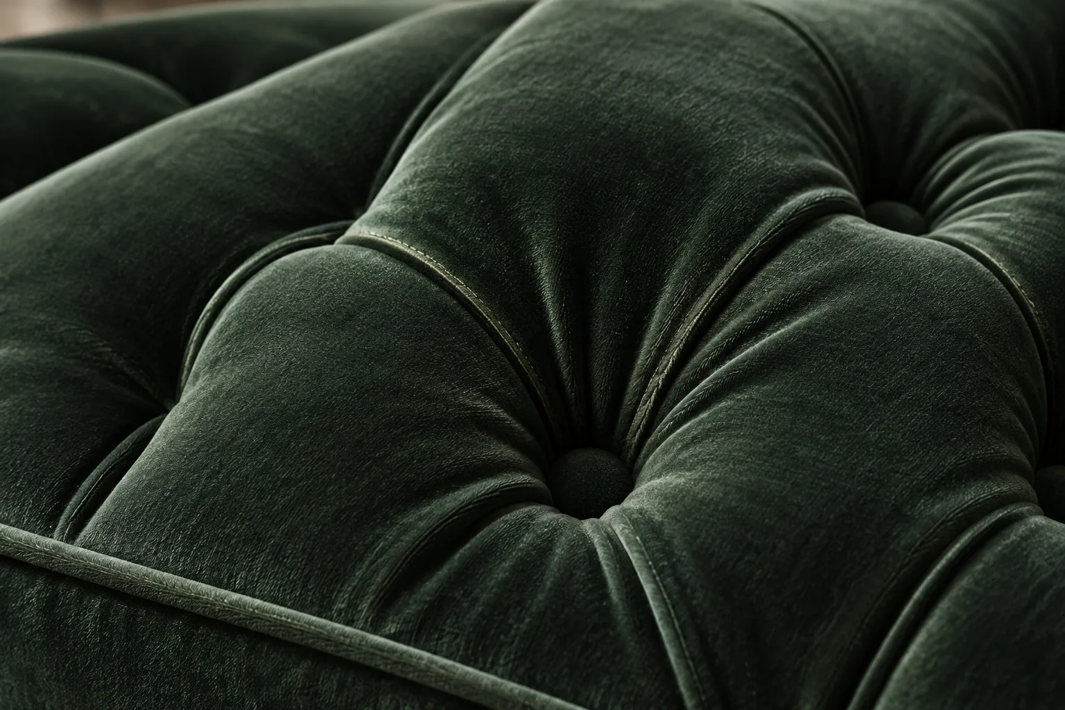 Macro of button tufting pulled into dark green velvet, folds radiating from the button