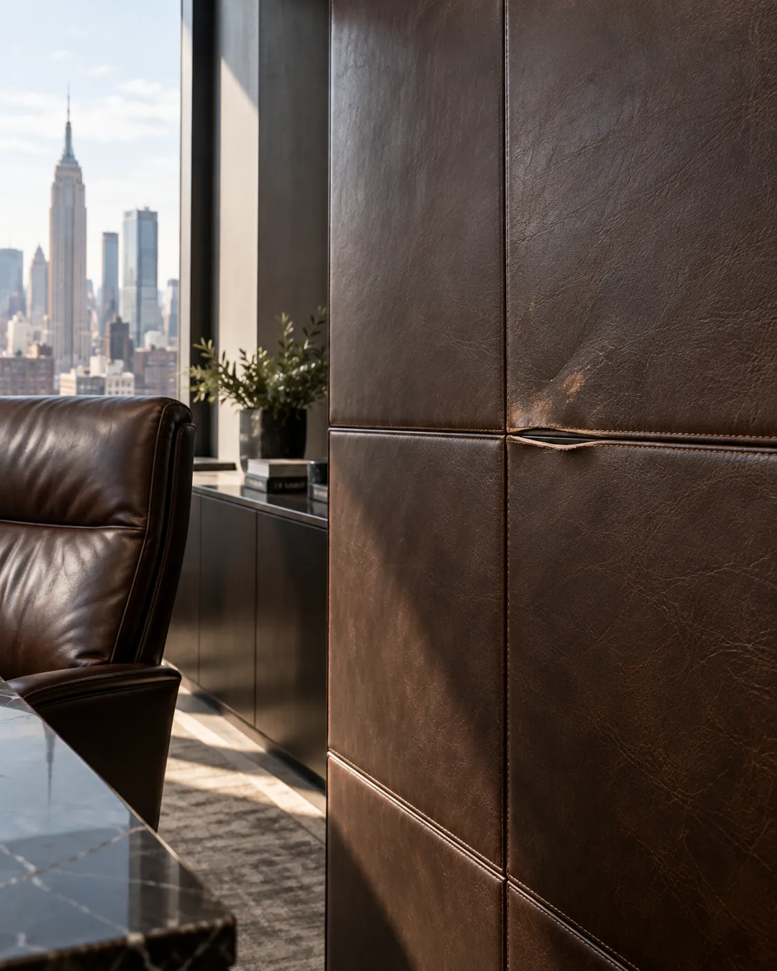 Dark leather wall panels in an office, one seam lifting