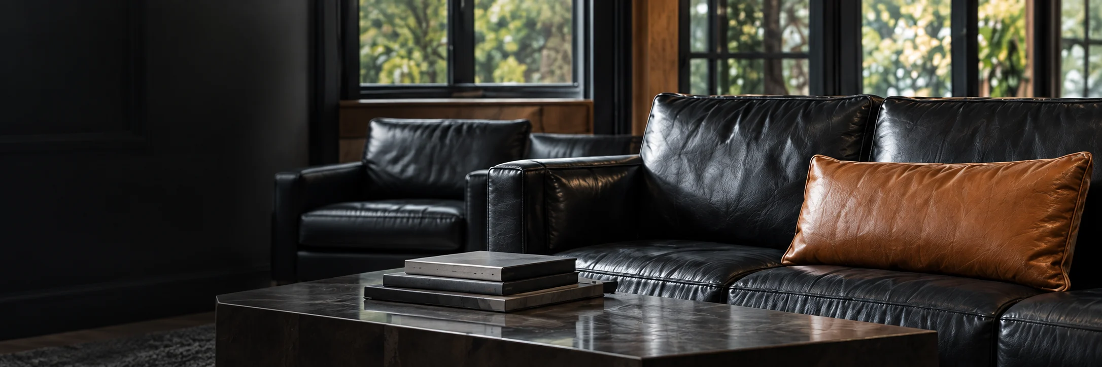 Black leather sofa in a dark living room
