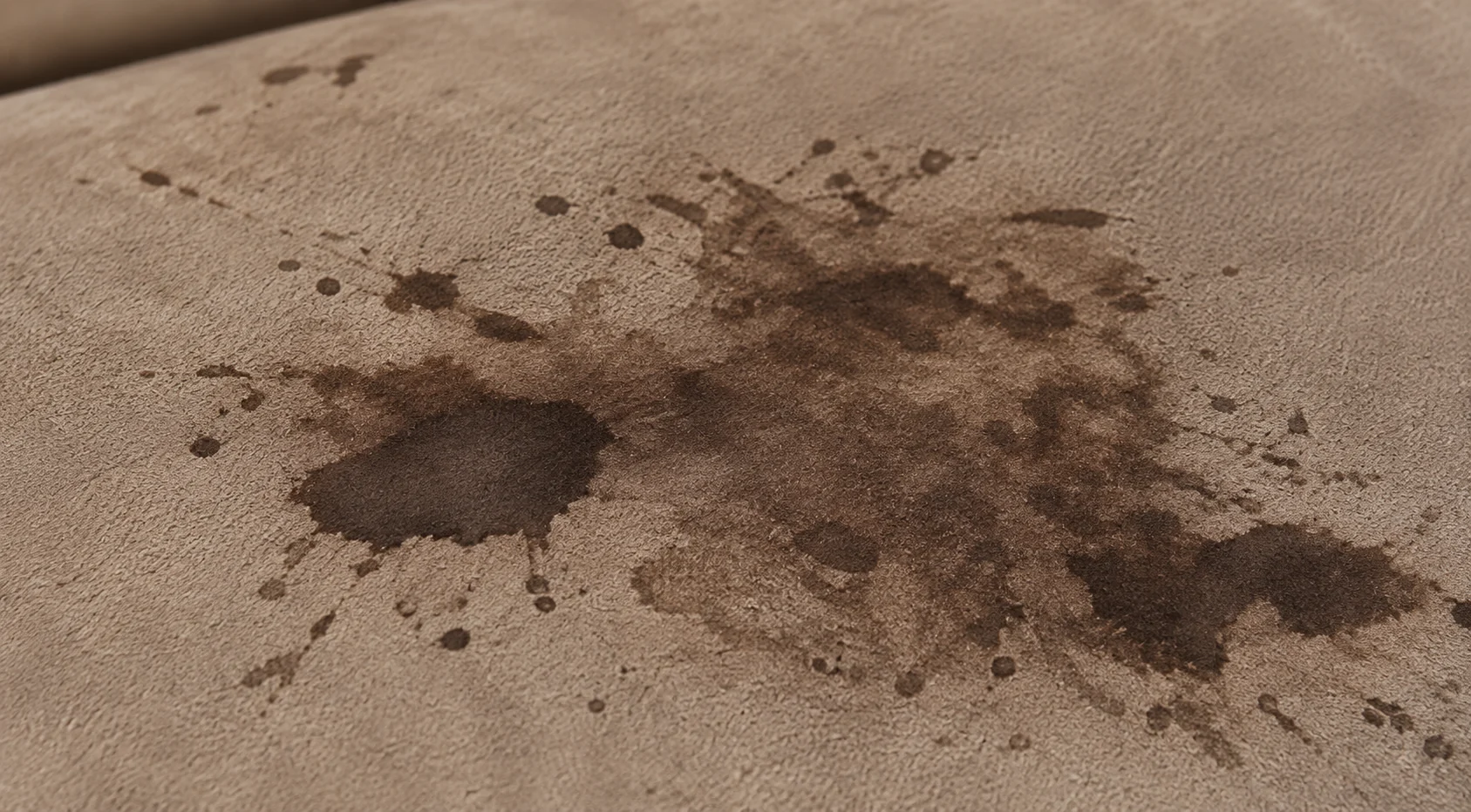 Dark irregular staining spread across a tan leather bed surface