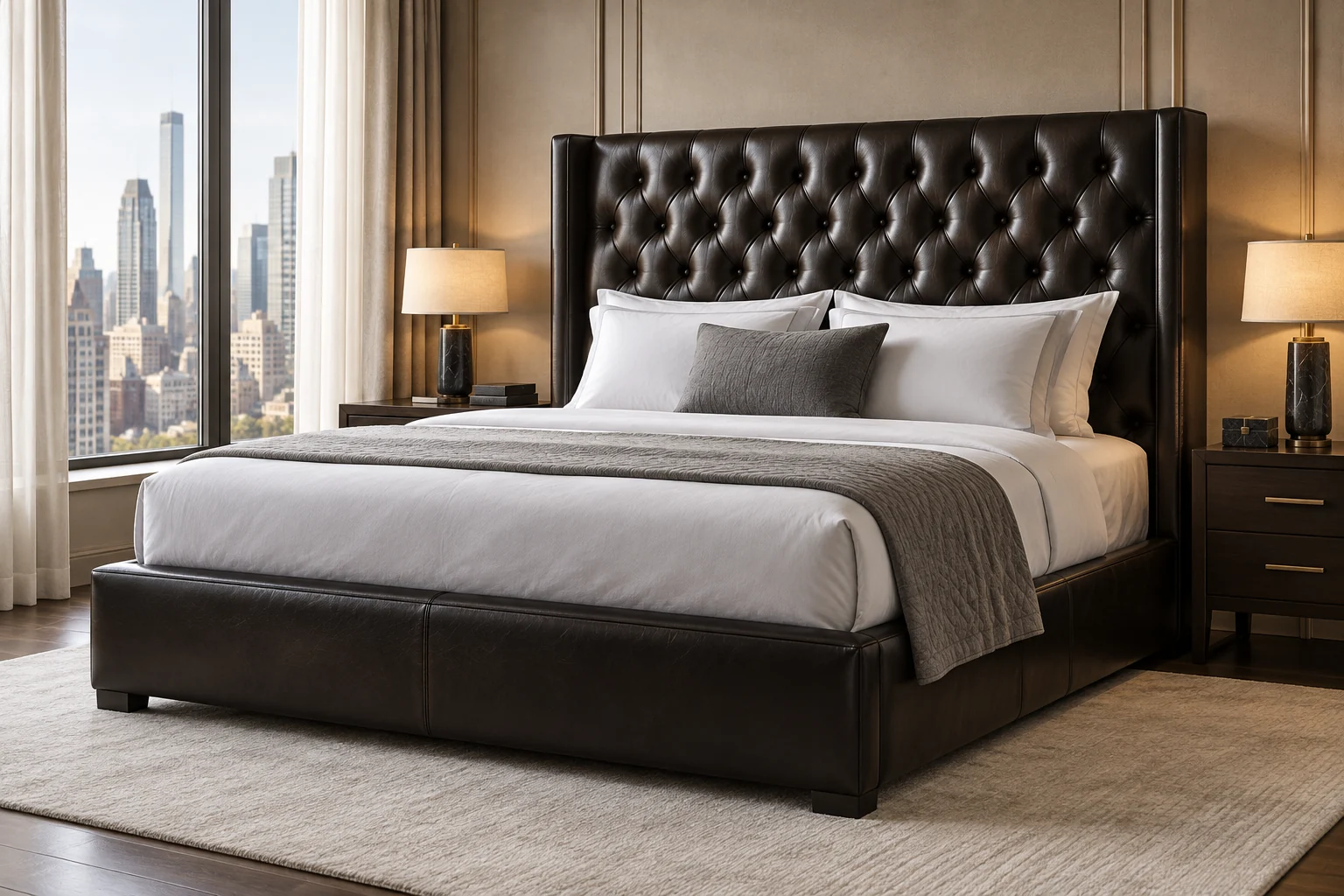 Dark tufted wingback bed with a tall headboard beside a window over the city
