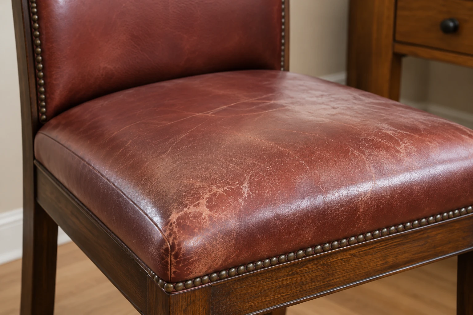 Cracked red leather dining chair seat