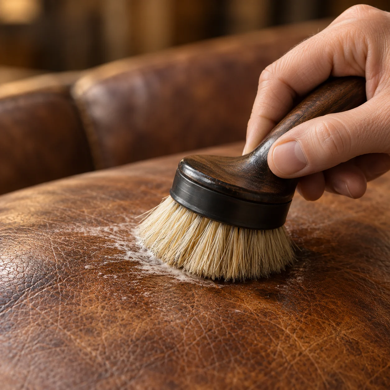 Soft brush working cleaner into leather