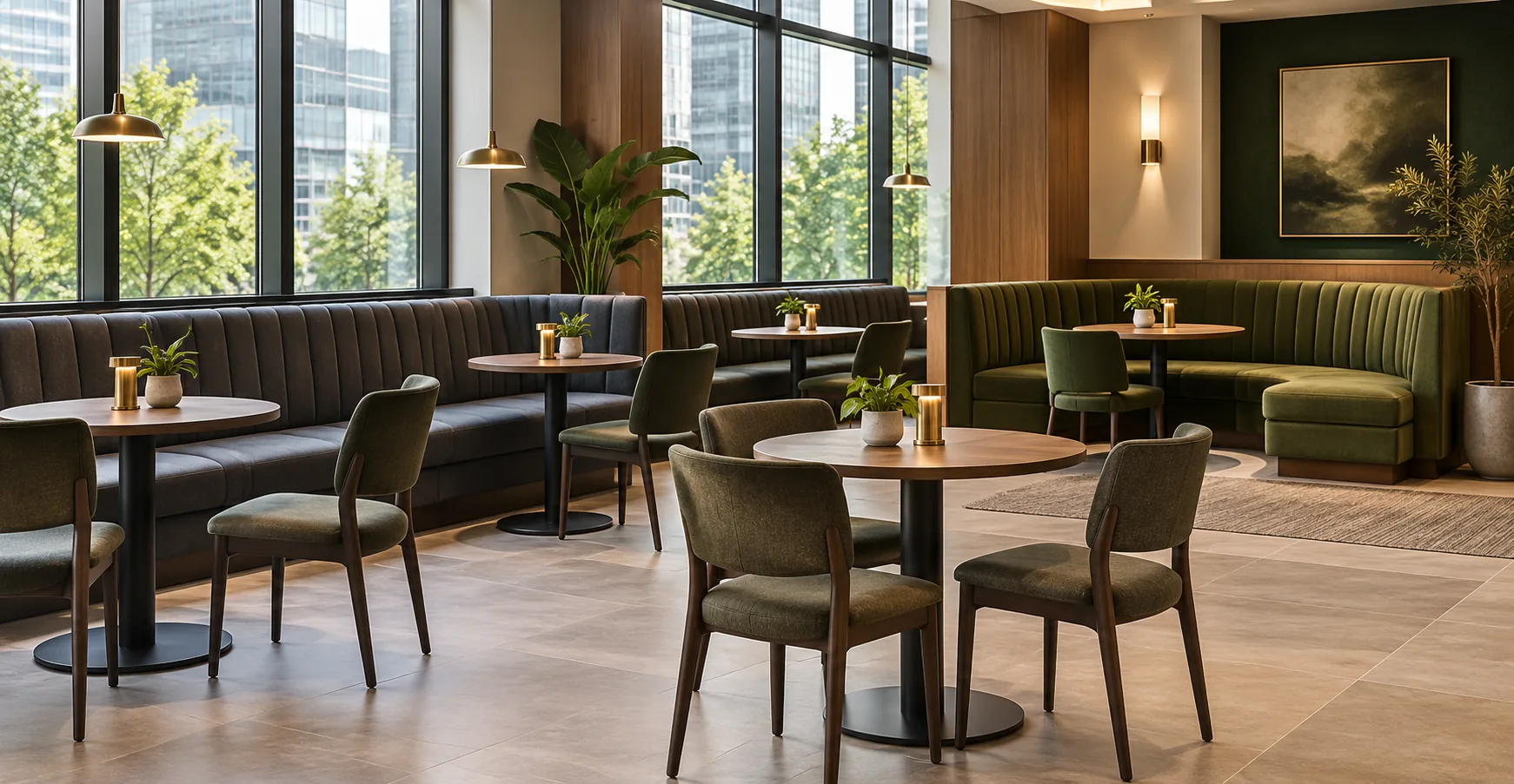 A daylit café with a banquette run along one wall and a curved booth beyond