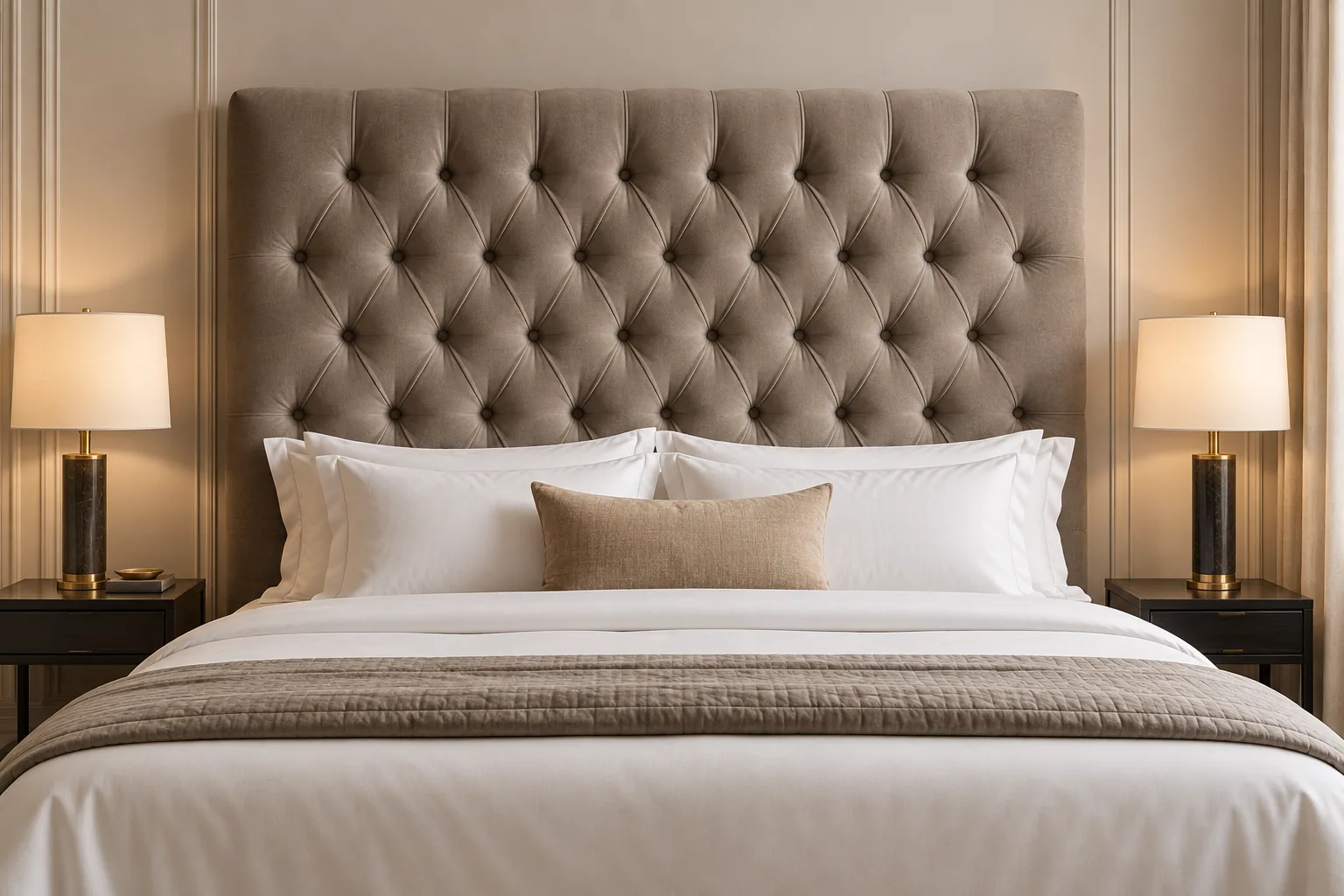 Taupe velvet headboard with deep diamond buttoning drilled on a grid