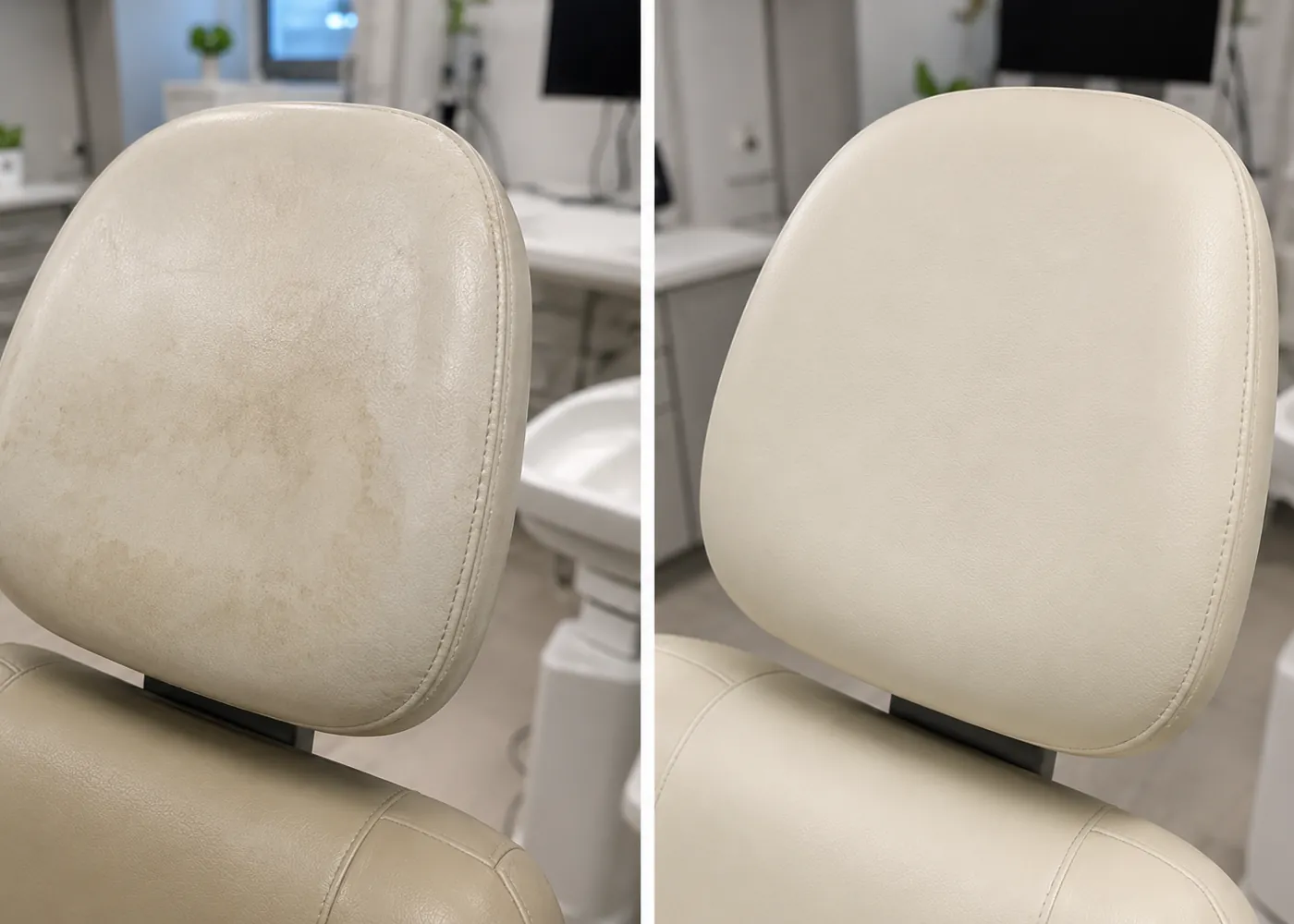 Stained cream dental chair back pad on the left, recovered on the right