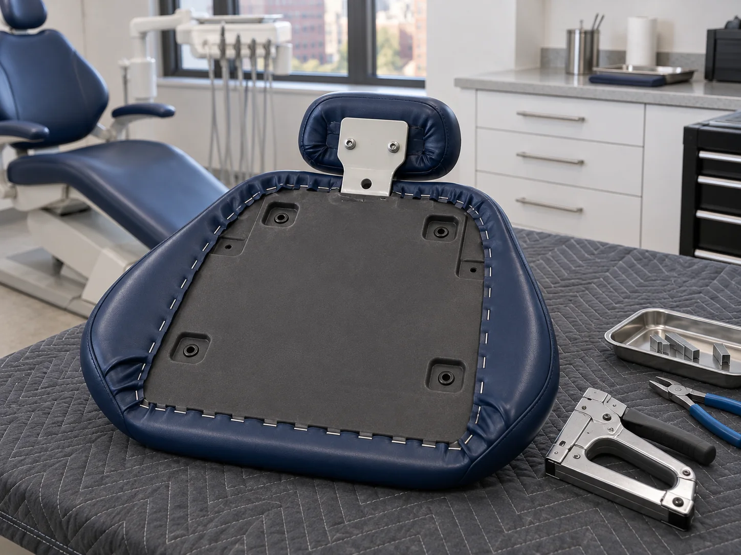 Underside of a dental chair backrest with new vinyl stapled around the backer board, staple gun resting beside it