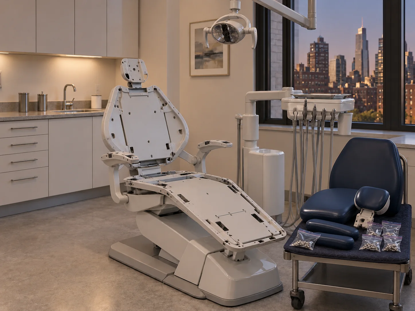 Dental chair pads removed and laid on a padded cart beside the bare chair frame, screws in labeled bags