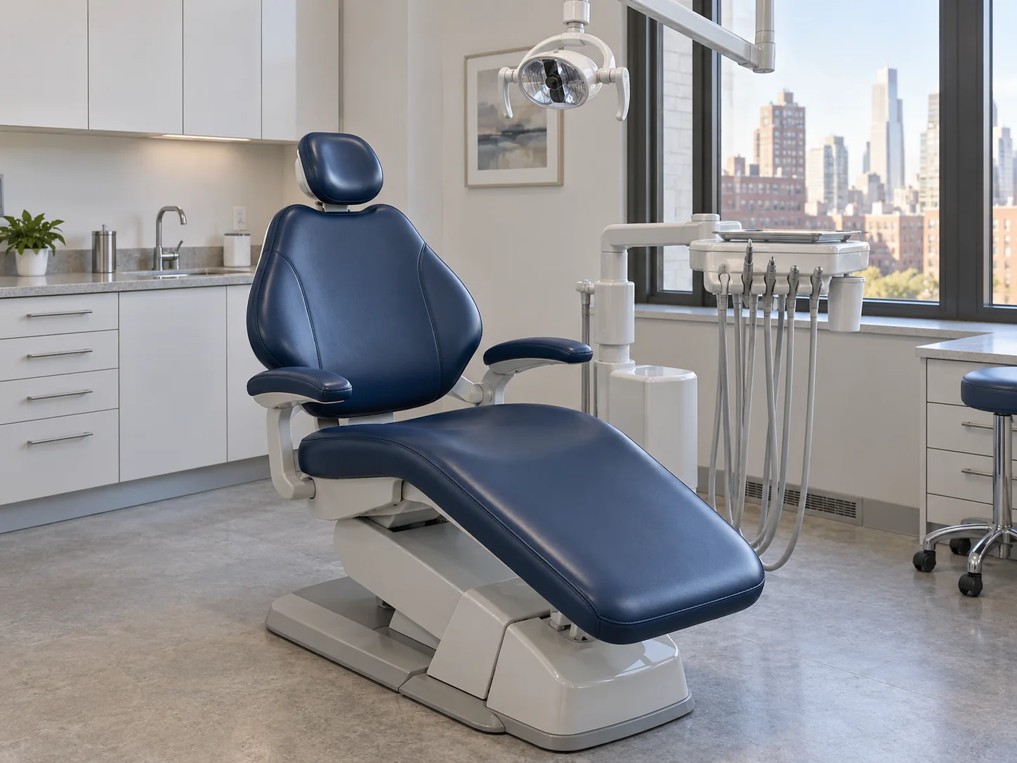A freshly reupholstered dental chair back in its operatory in morning light, room ready for patients