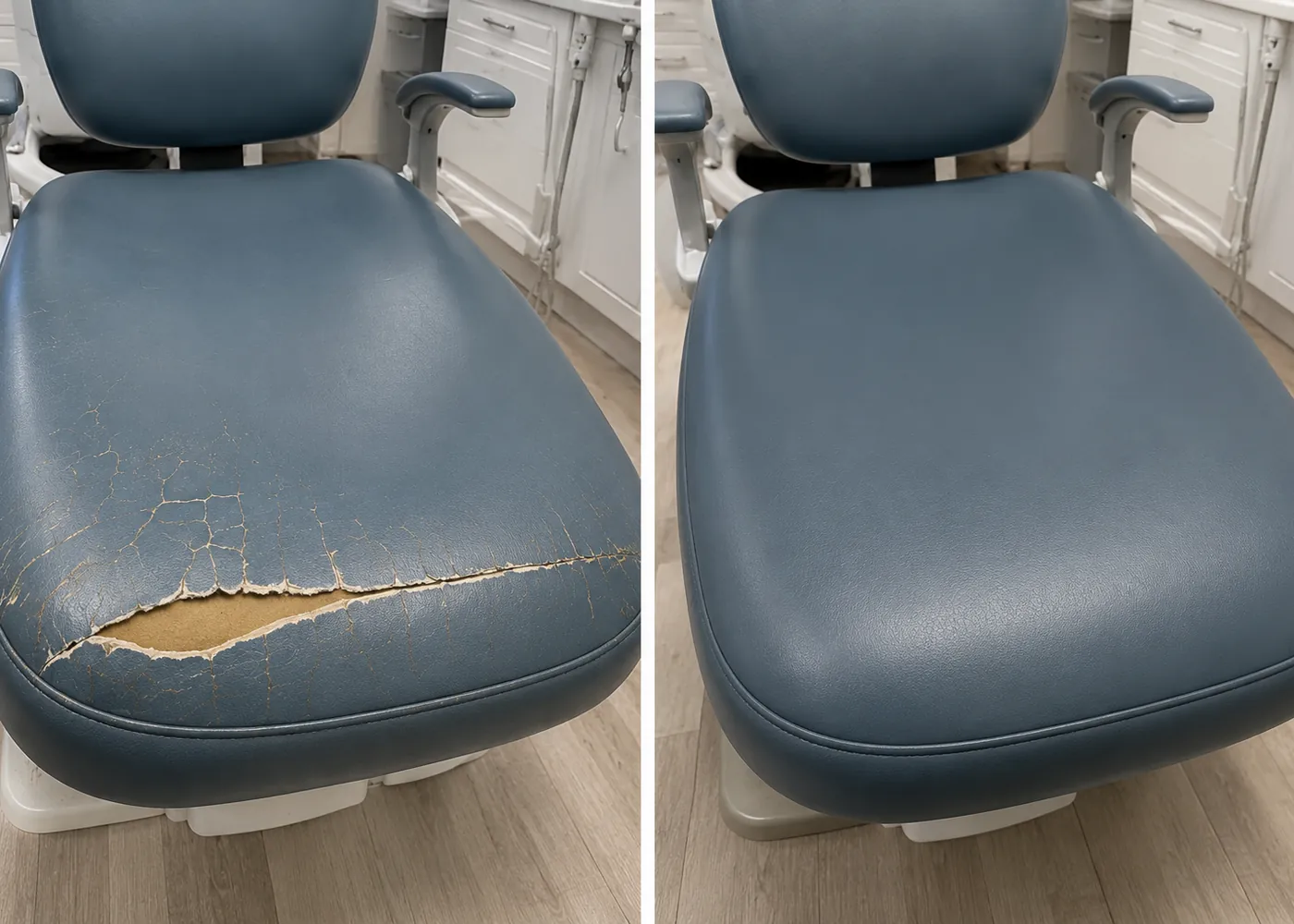 Blue dental chair seat split open to the foam on the left, recovered on the right