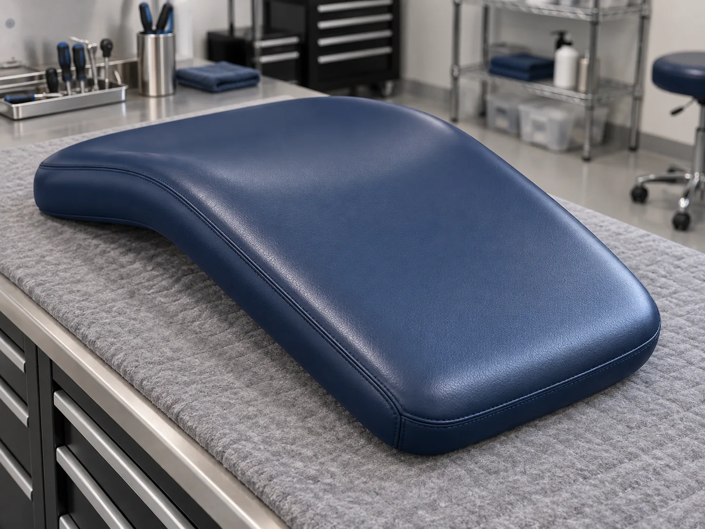 A recovered navy vinyl dental chair pad on the workshop bench, corners and edges pulled tight