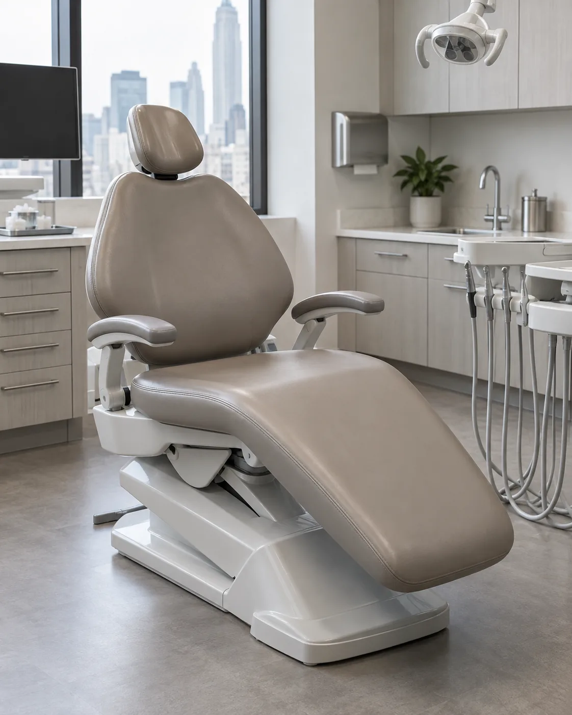 A taupe dental chair in a bright operatory