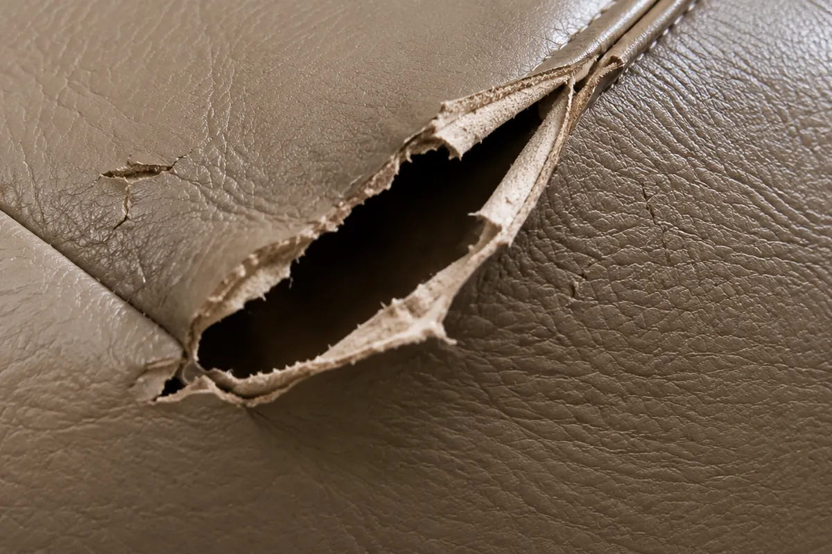 Close-up of a torn dental chair vinyl cover opened down to the backing