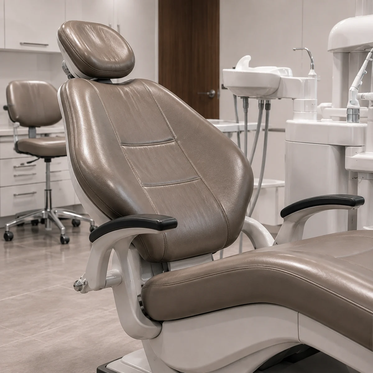 A grey vinyl dental hygiene chair beside a delivery unit