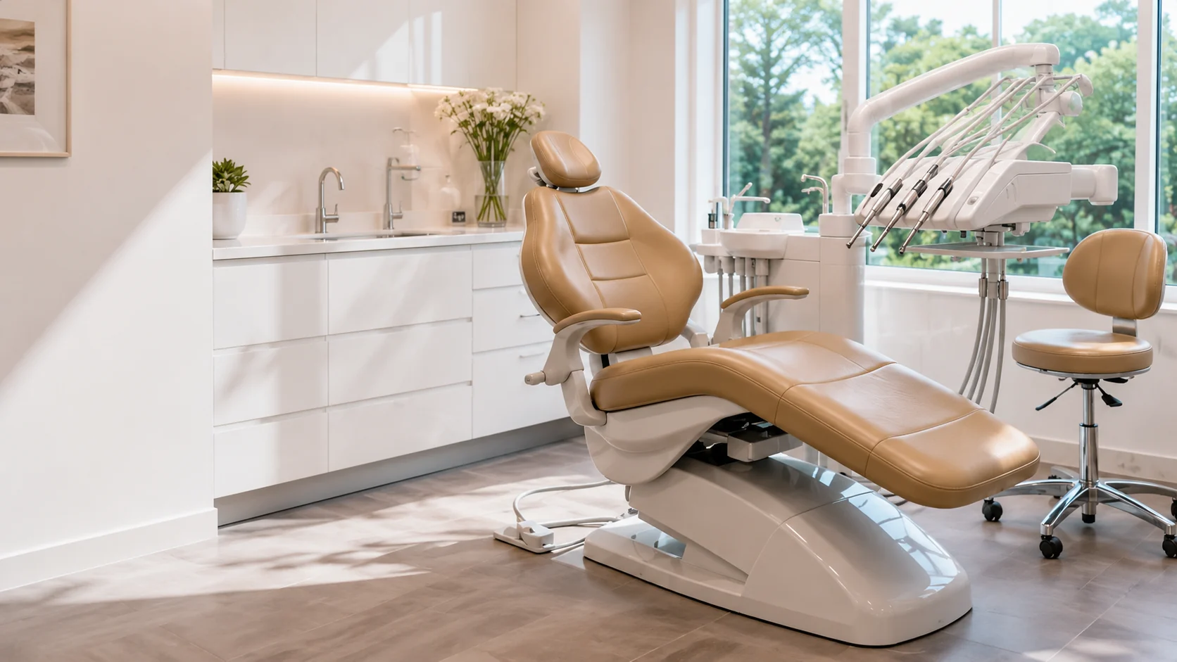 Dental office furniture repair NYC: a taupe dental treatment chair in a bright Manhattan operatory