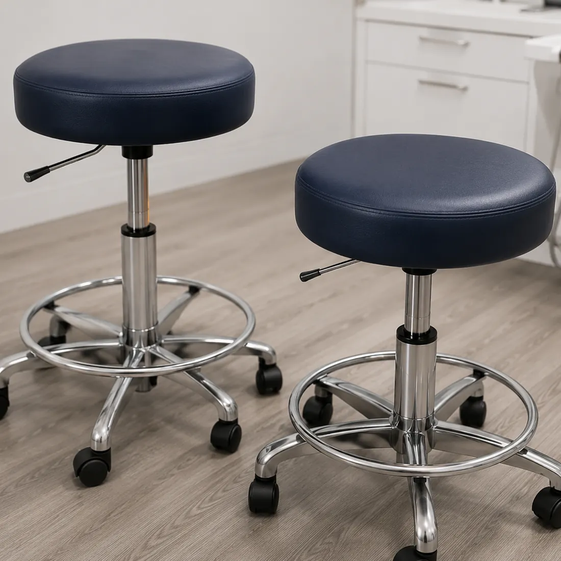 Two navy vinyl dental operator stools with foot rings