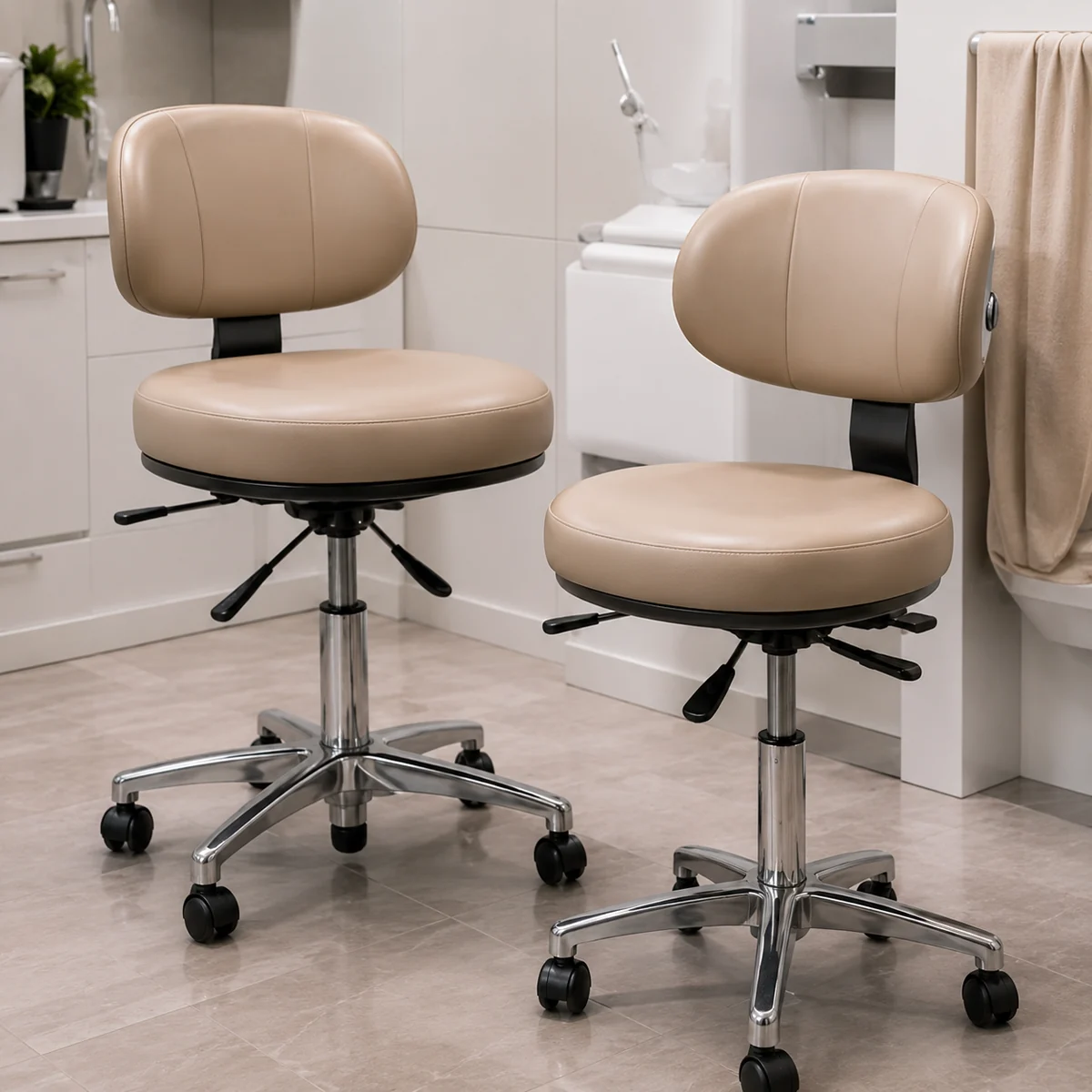 Two taupe dental operator stools on chrome bases