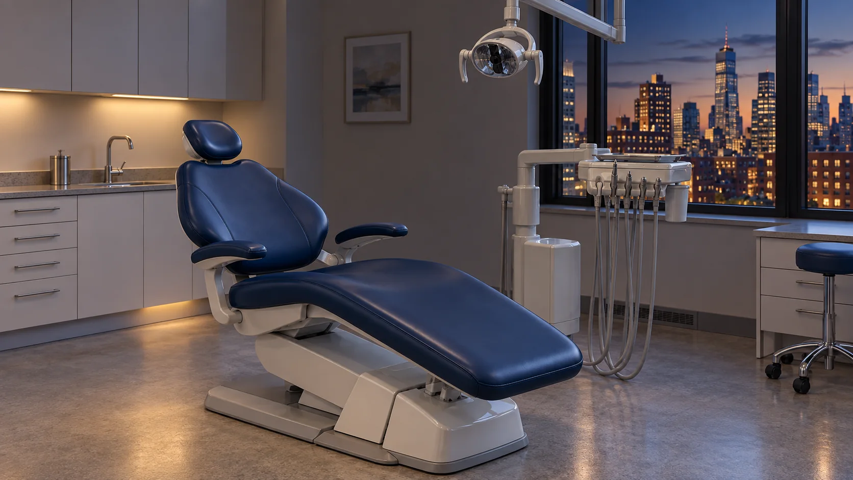 A navy dental chair in its operatory in the evening, delivery unit, light and cabinets all staying in place