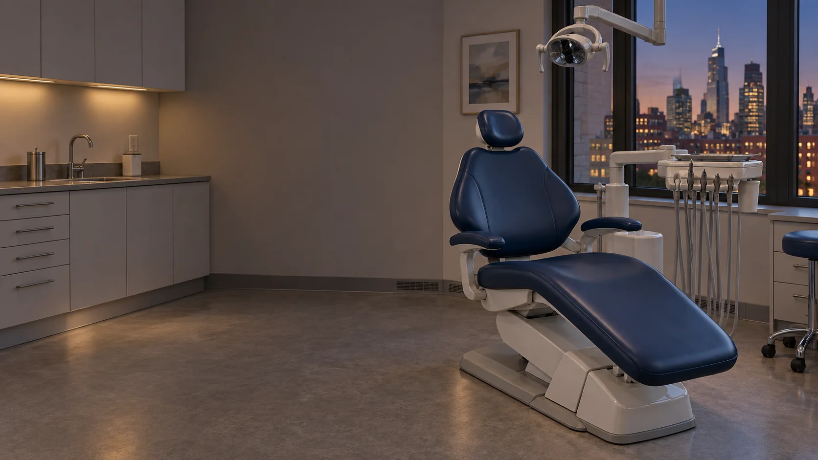 An empty dental operatory in the evening, the chair reclined under a dimmed light
