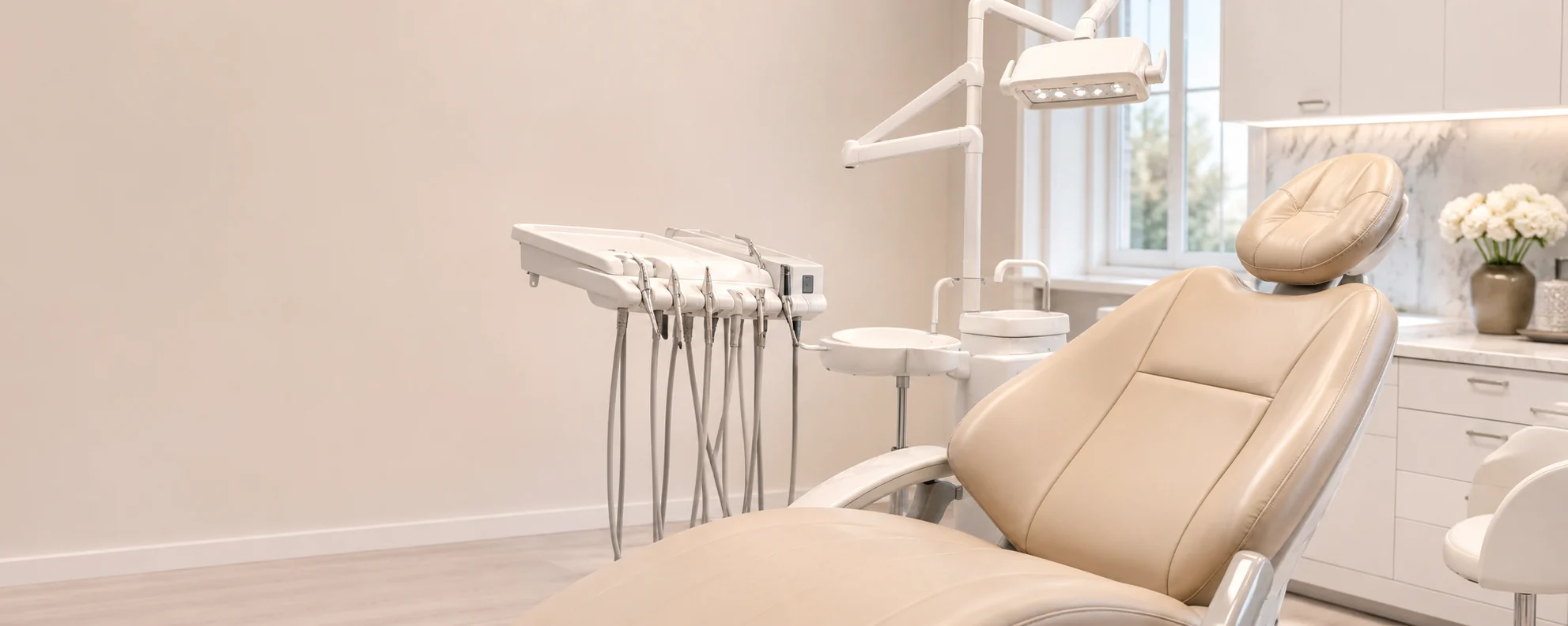 A wide view of a bright dental operatory with a taupe treatment chair
