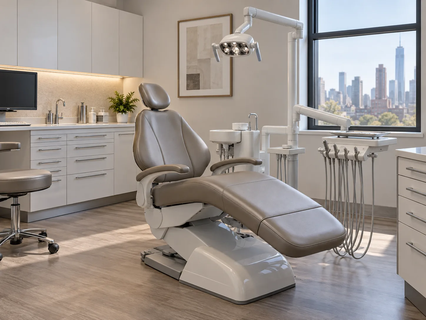 A dental operatory with a taupe dental chair and delivery unit