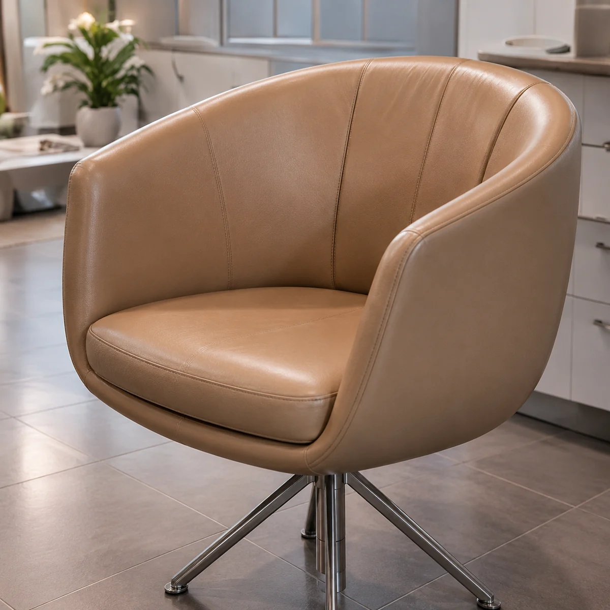 A cognac tub chair in a dental office reception area