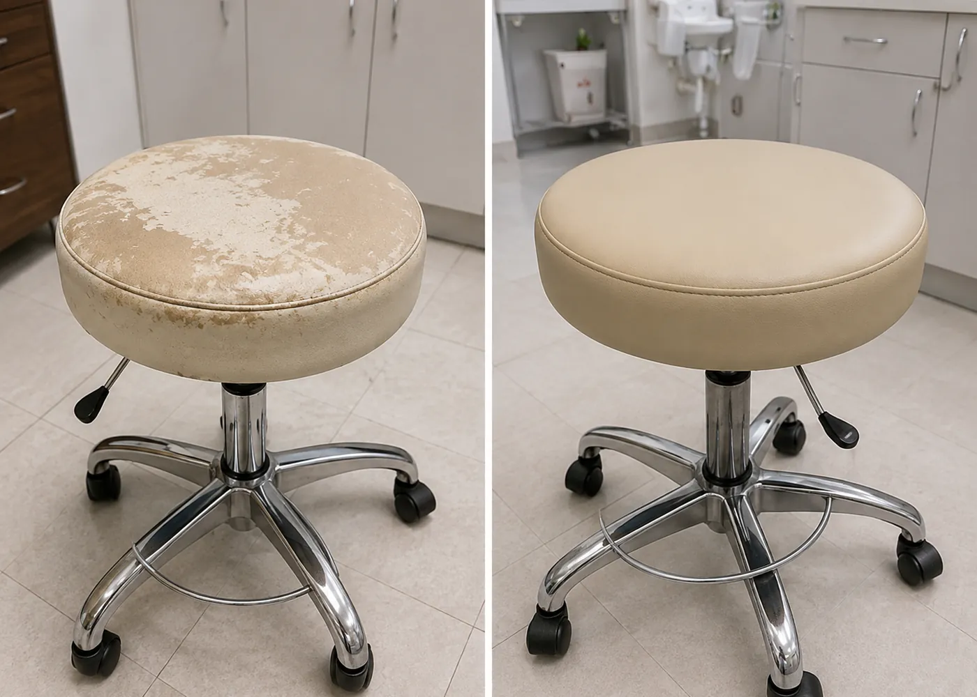 Cream dental operator stool with a peeling seat on the left, recovered on the right