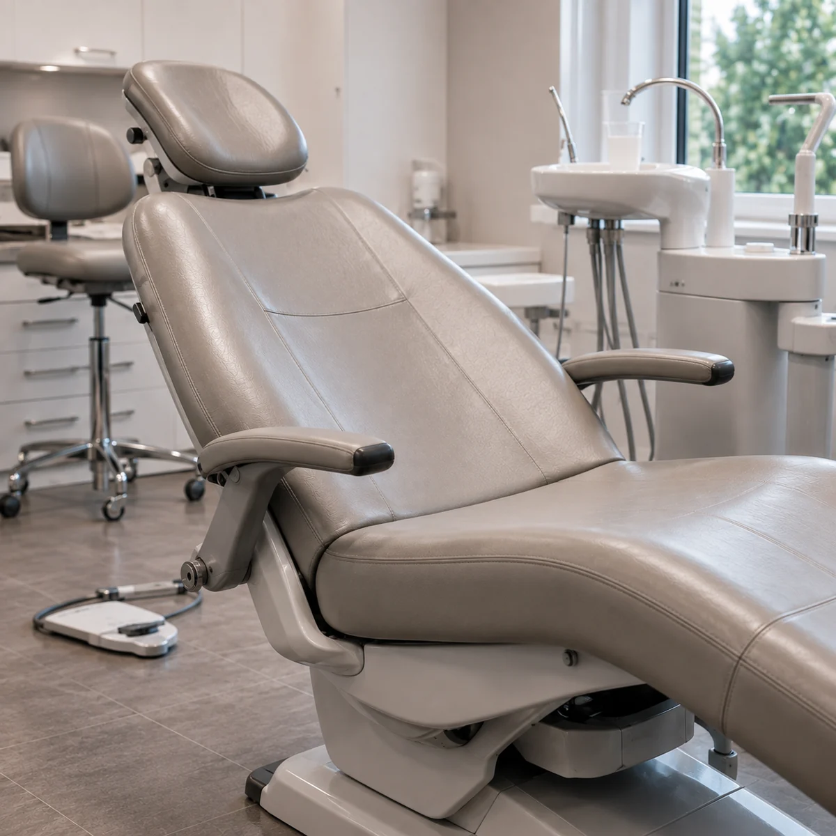 A taupe dental treatment chair in a bright operatory