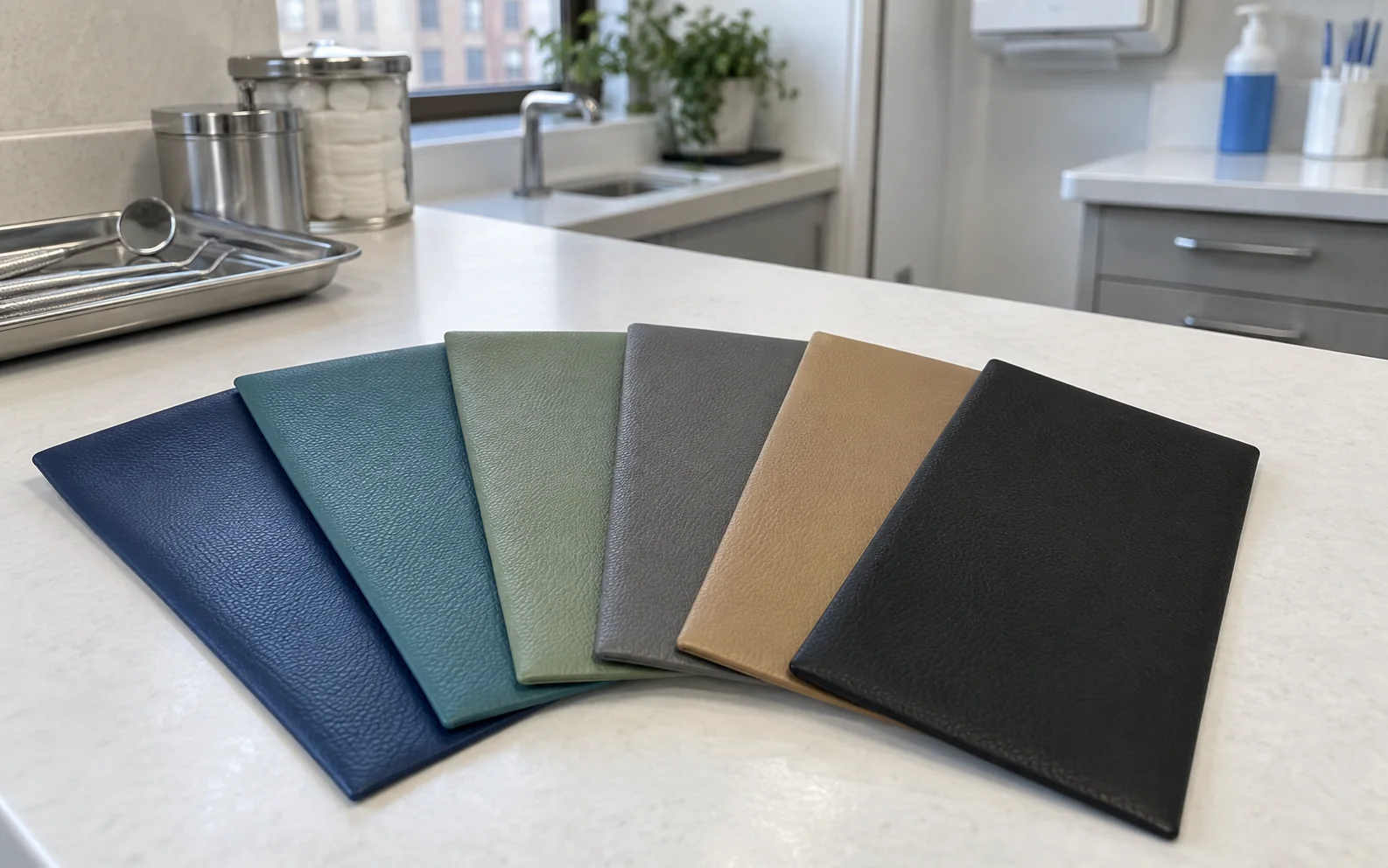 A fan of medical-grade vinyl swatches in navy, teal, sage, grey, tan and black on a white counter
