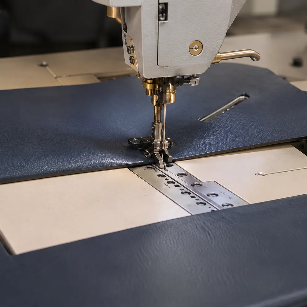 Navy medical-grade vinyl panels under an industrial sewing machine foot