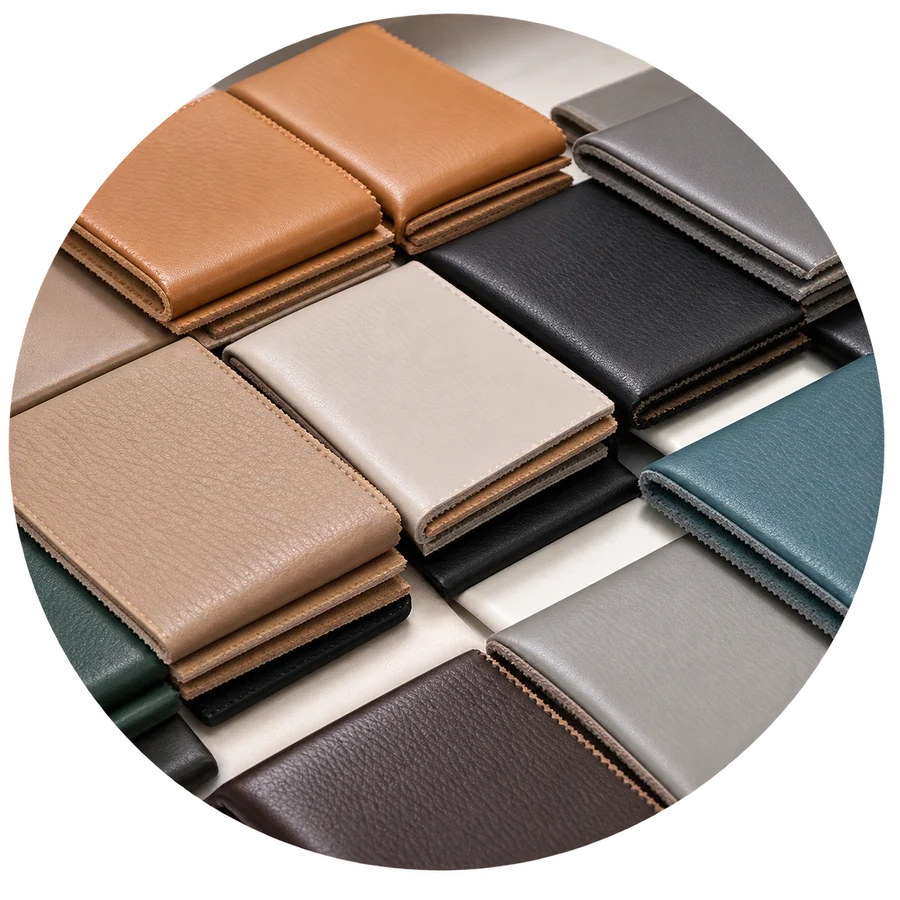 Vinyl swatches in taupe, cognac, grey and teal laid out for color matching
