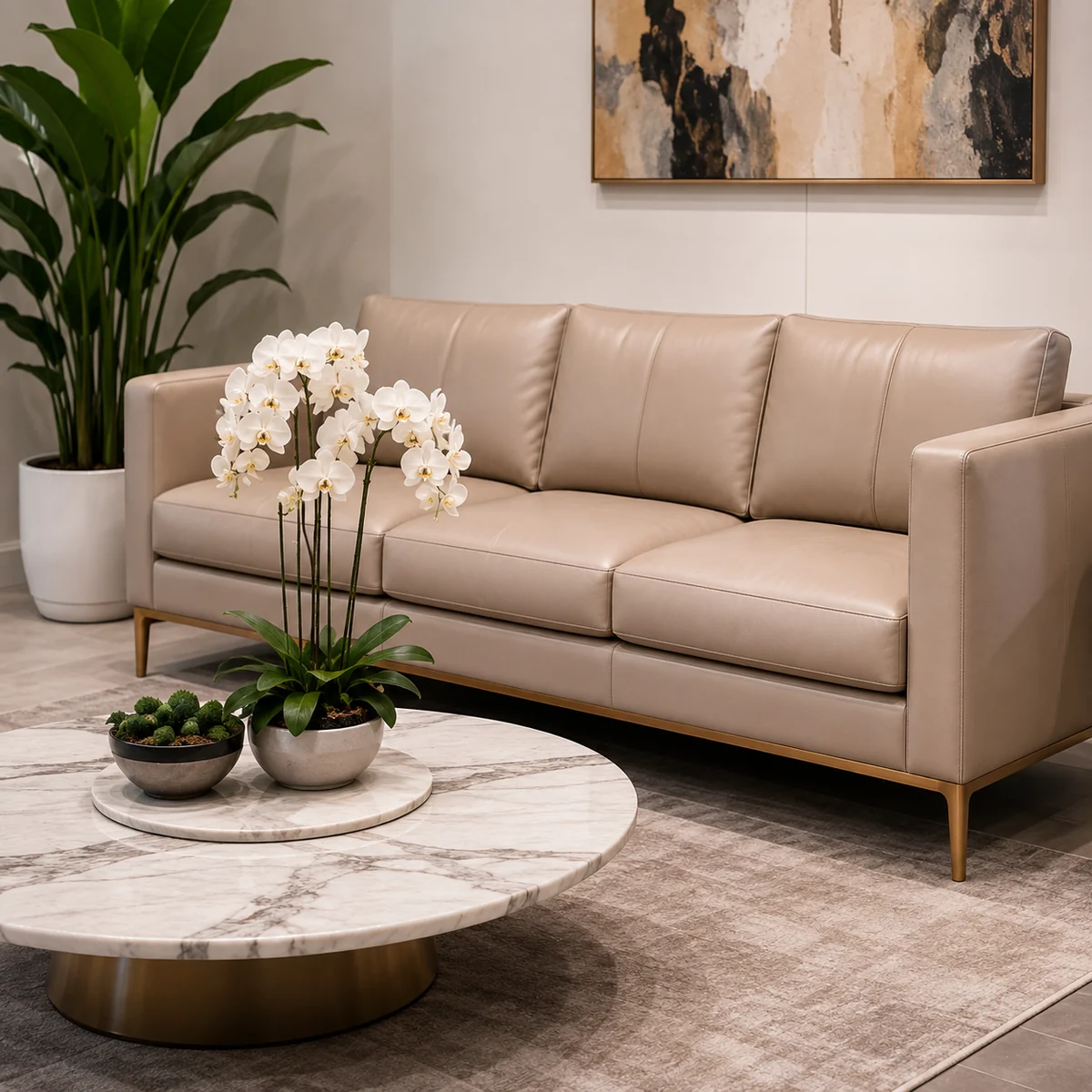 A taupe upholstered sofa in a dental waiting room